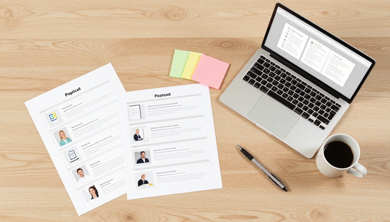 Flat-lay overhead view of a desk with a printed PowerPoint storyboard, laptop with a flipbook on screen, colorful sticky notes, pen, and coffee mug