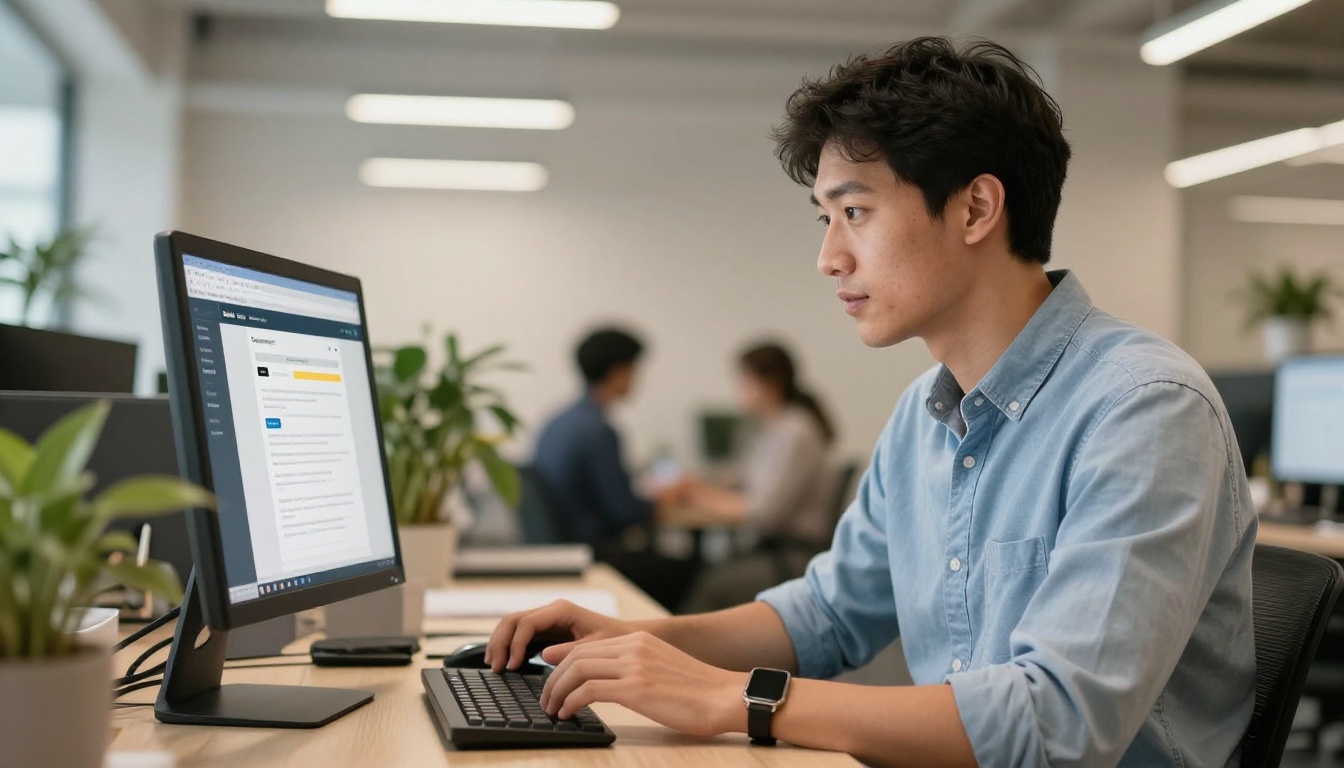 A young professional man uploading a document to a platform in a modern open-plan office with warm overhead lighting