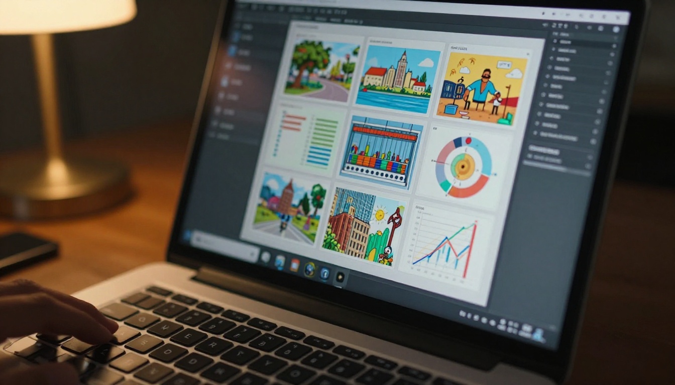 Close-up of a laptop screen showing a digital flipbook mid page-flip with colorful charts and images, warm desk lamp light from the upper left