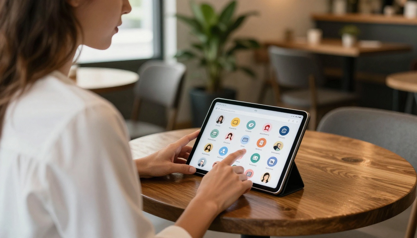 A woman at a wooden café table working on a tablet showing a flipbook sharing interface with social media icons visible on screen