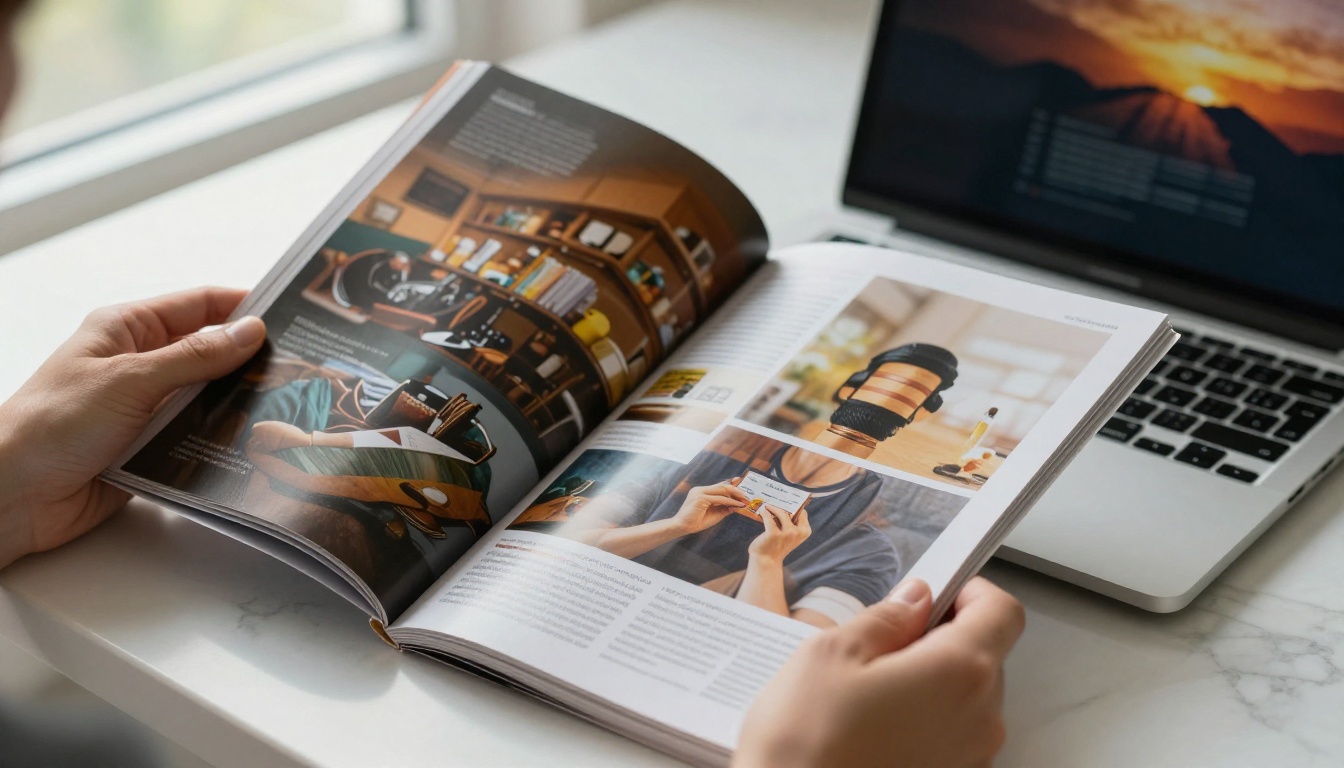 Hands holding a printed magazine next to a laptop showing an interactive flipbook