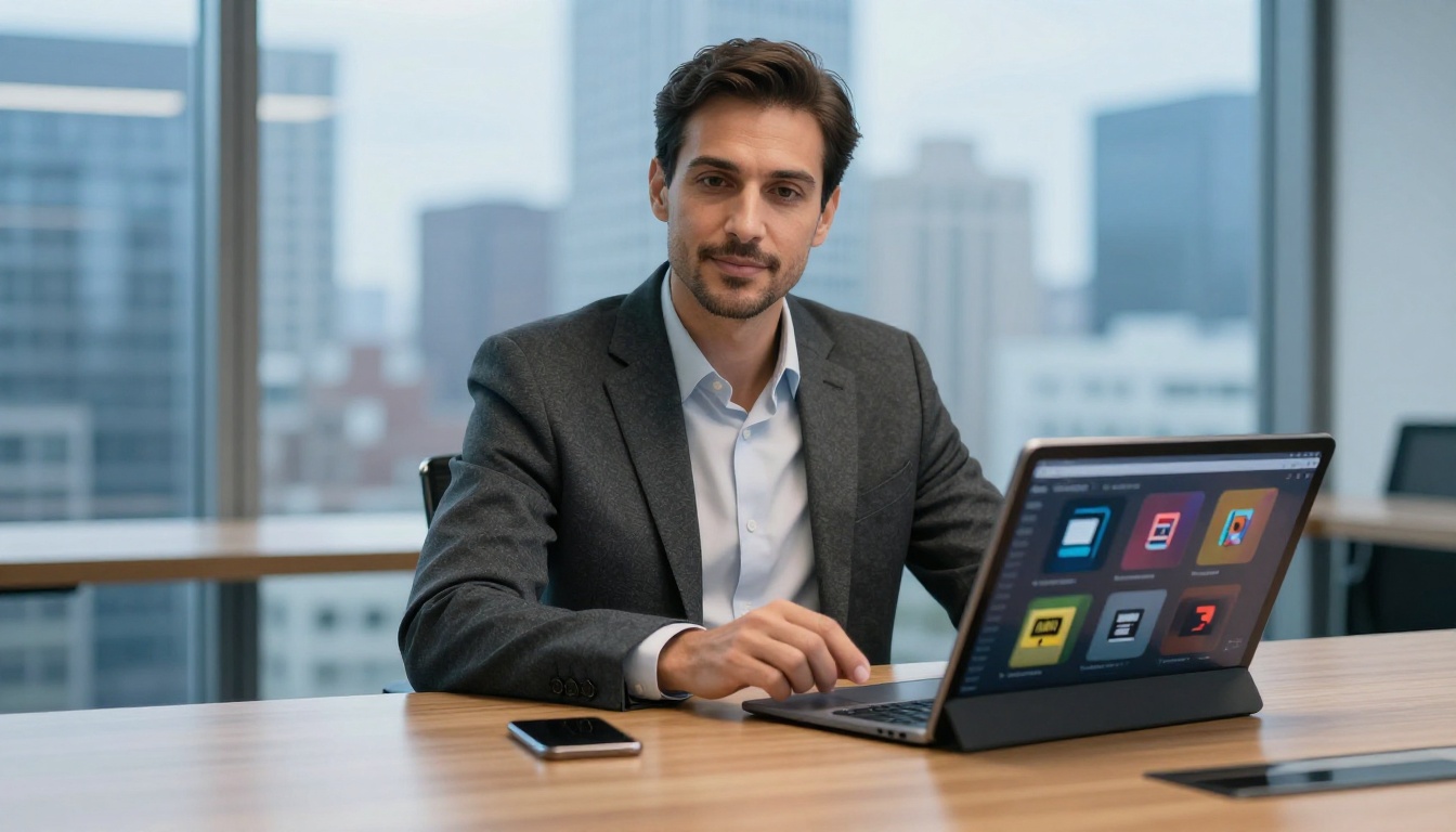 Business professional reviewing a digital catalog on a tablet in a modern glass-walled office