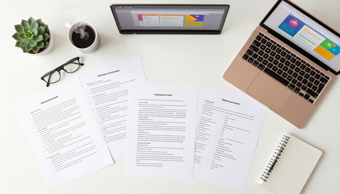 Aerial flat-lay of PDF documents on a desk alongside a rose gold laptop showing an interactive flipbook