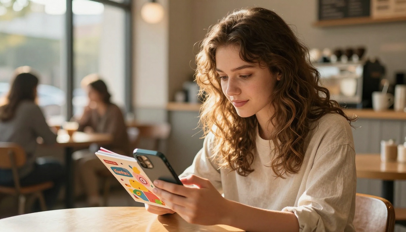 Young woman reading an interactive flipbook on her smartphone in a bright coffee shop