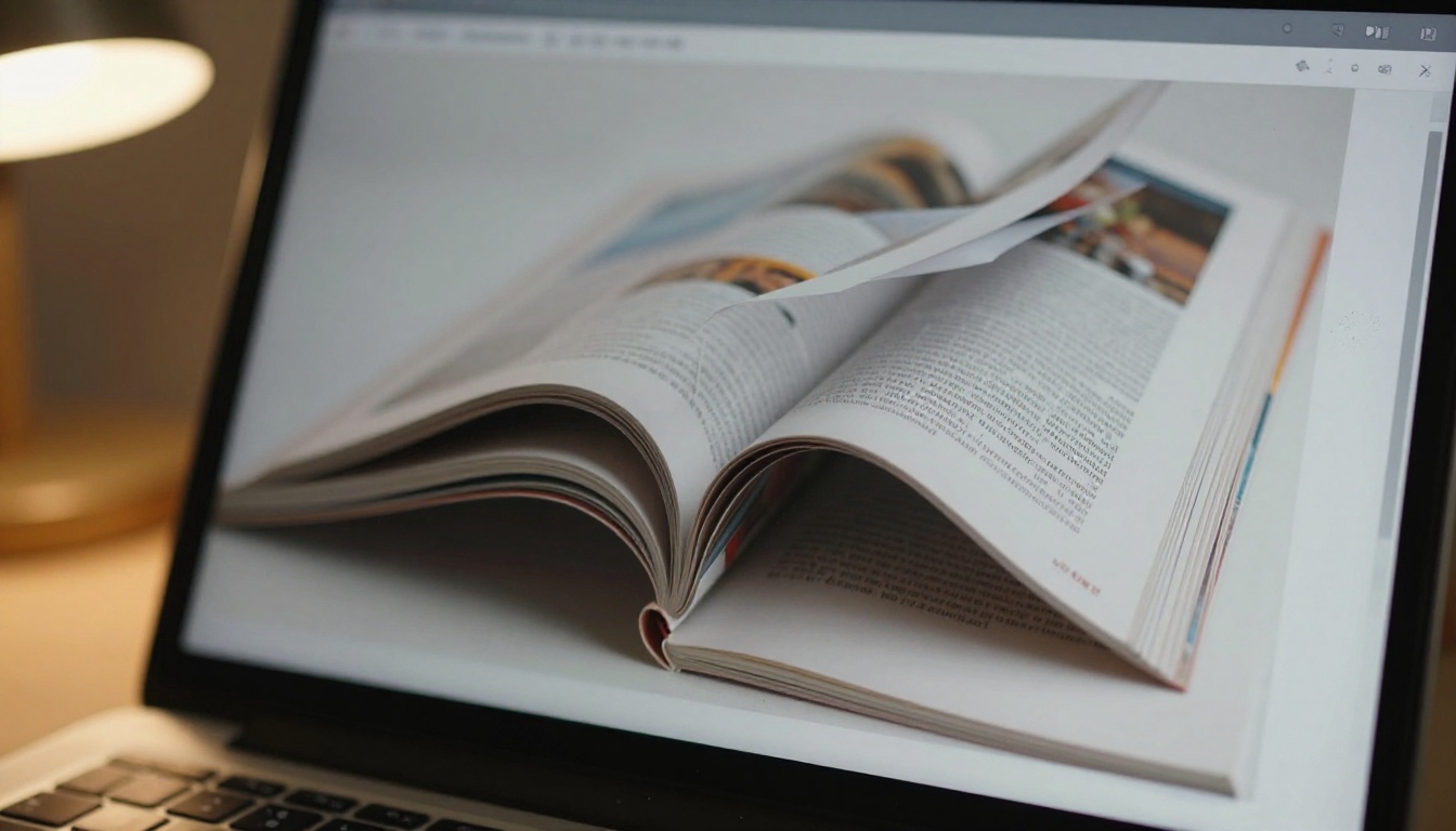 Macro close-up of a laptop screen showing a realistic page-flip animation mid-turn