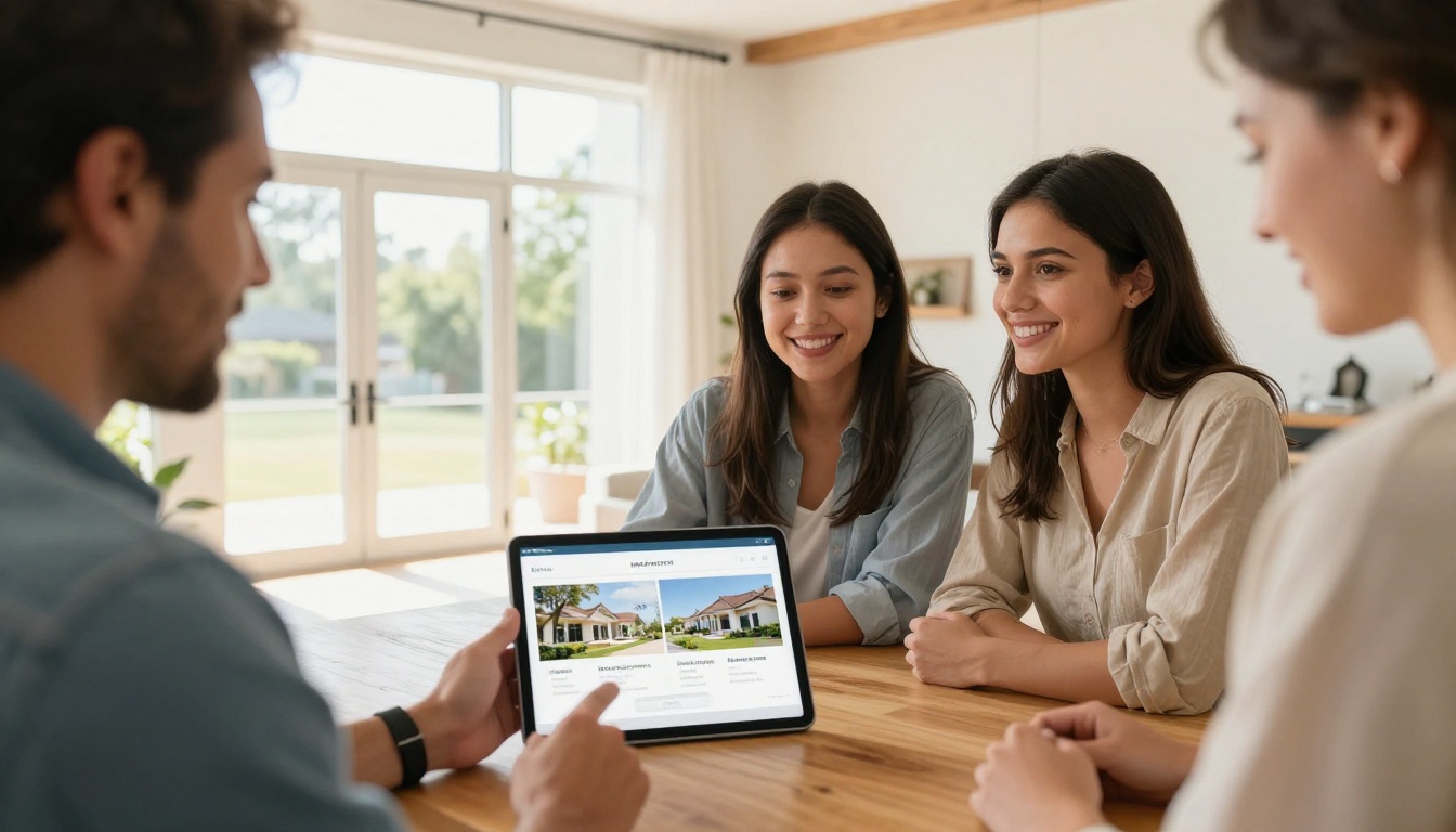 Real estate agent showing a digital property brochure on a tablet to clients in a modern home
