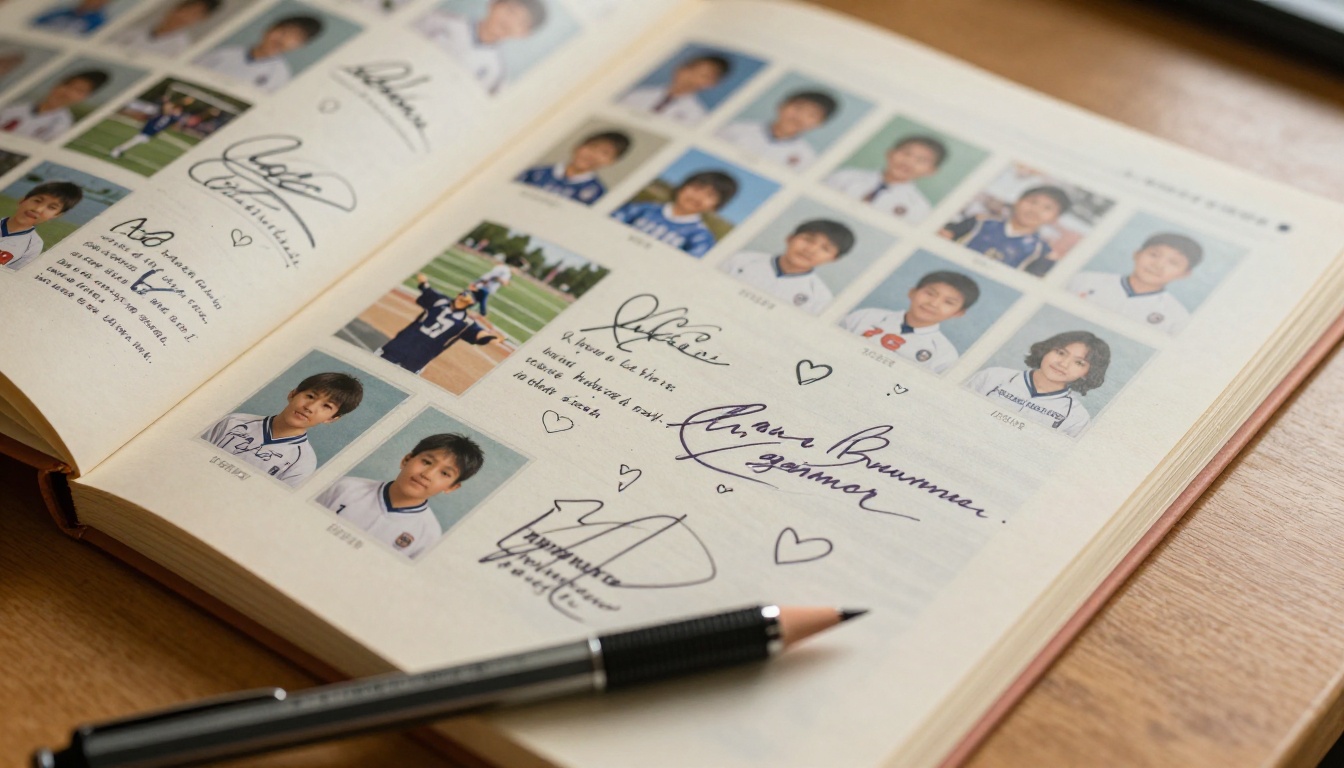 School yearbook pages with student portraits and colorful handwritten signatures School yearbook pages with student portraits and colorful handwritten signatures
