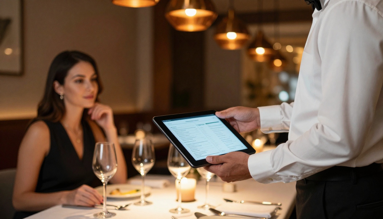 Waiter presenting a digital menu on a tablet to a couple at a candlelit restaurant table