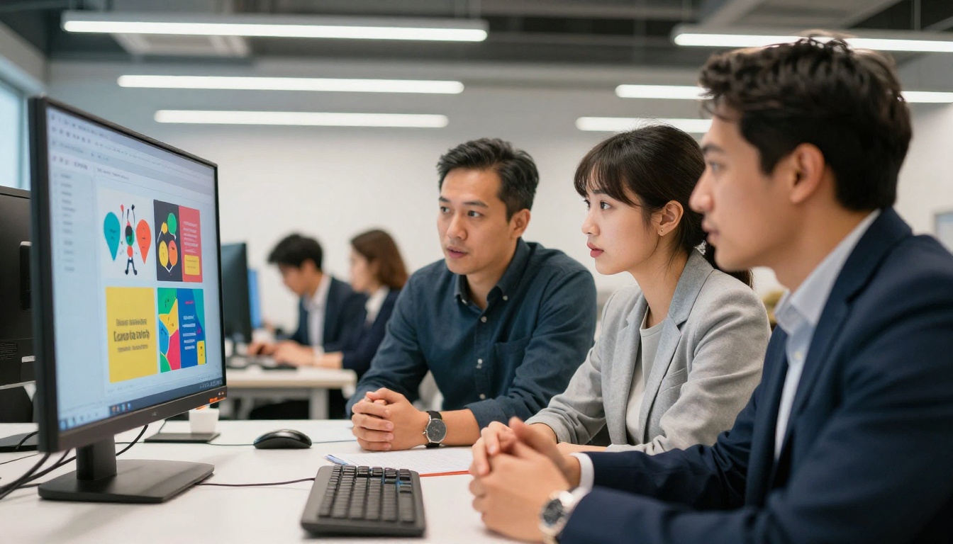 Marketing team reviewing interactive digital presentations around a conference table