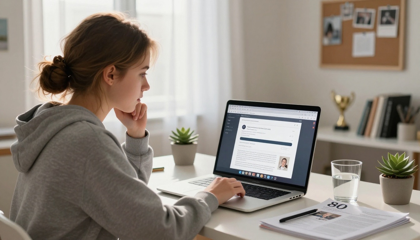 Teenage girl focused on uploading a yearbook PDF on her laptop at a bright home desk Teenage girl focused on uploading a yearbook PDF on her laptop at a bright home desk