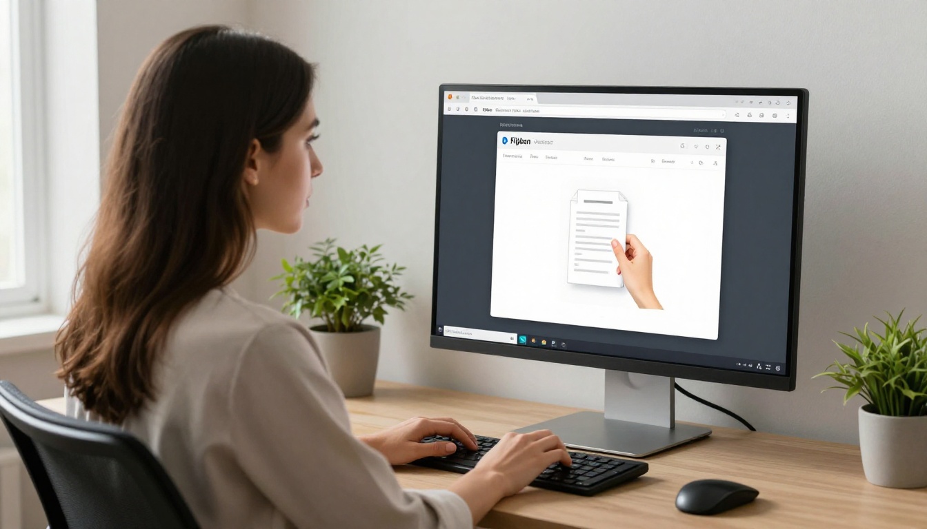Woman uploading a PDF to a browser showing a flipbook conversion interface on her desktop monitor
