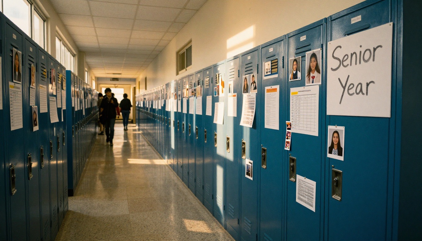 Long school corridor with blue lockers and student photos pinned to bulletin boards Long school corridor with blue lockers and student photos pinned to bulletin boards