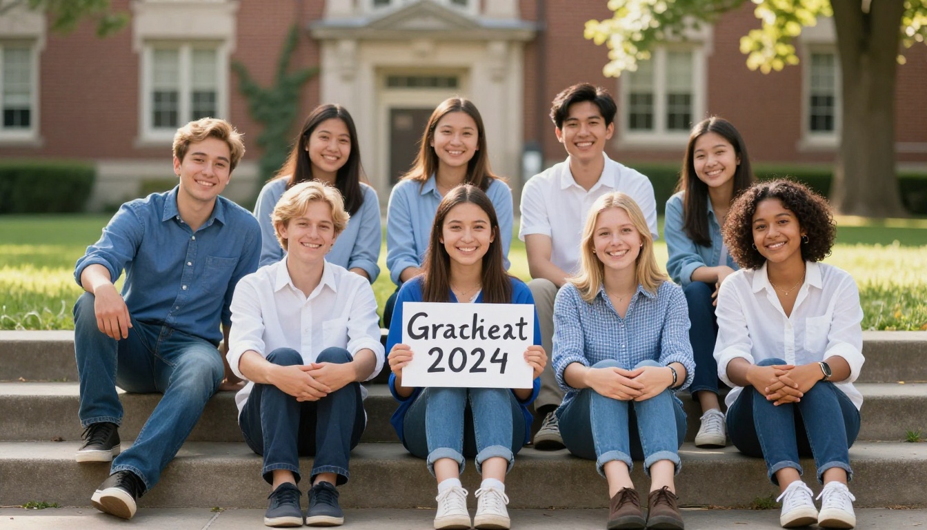 Diverse group of high school seniors smiling for class photo on school lawn steps Diverse group of high school seniors smiling for class photo on school lawn steps