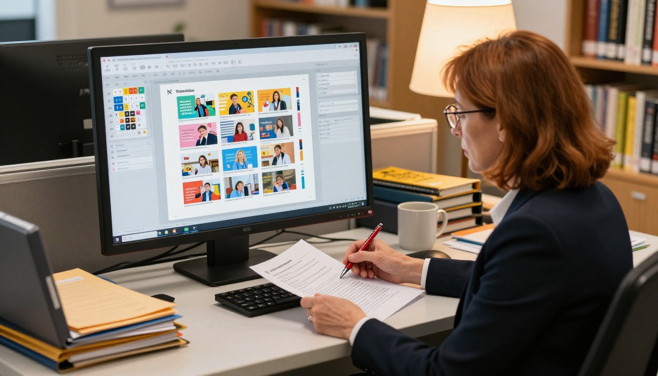 Teacher reviewing digital yearbook page designs on a large widescreen monitor in a school office Teacher reviewing digital yearbook page designs on a large widescreen monitor in a school office