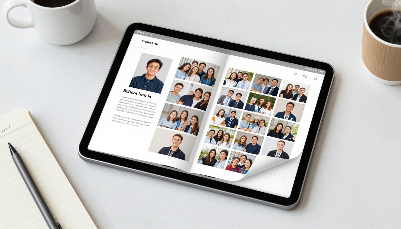 iPad showing an open digital yearbook flipbook with a realistic page-curl effect on a marble surface iPad showing an open digital yearbook flipbook with a realistic page-curl effect on a marble surface