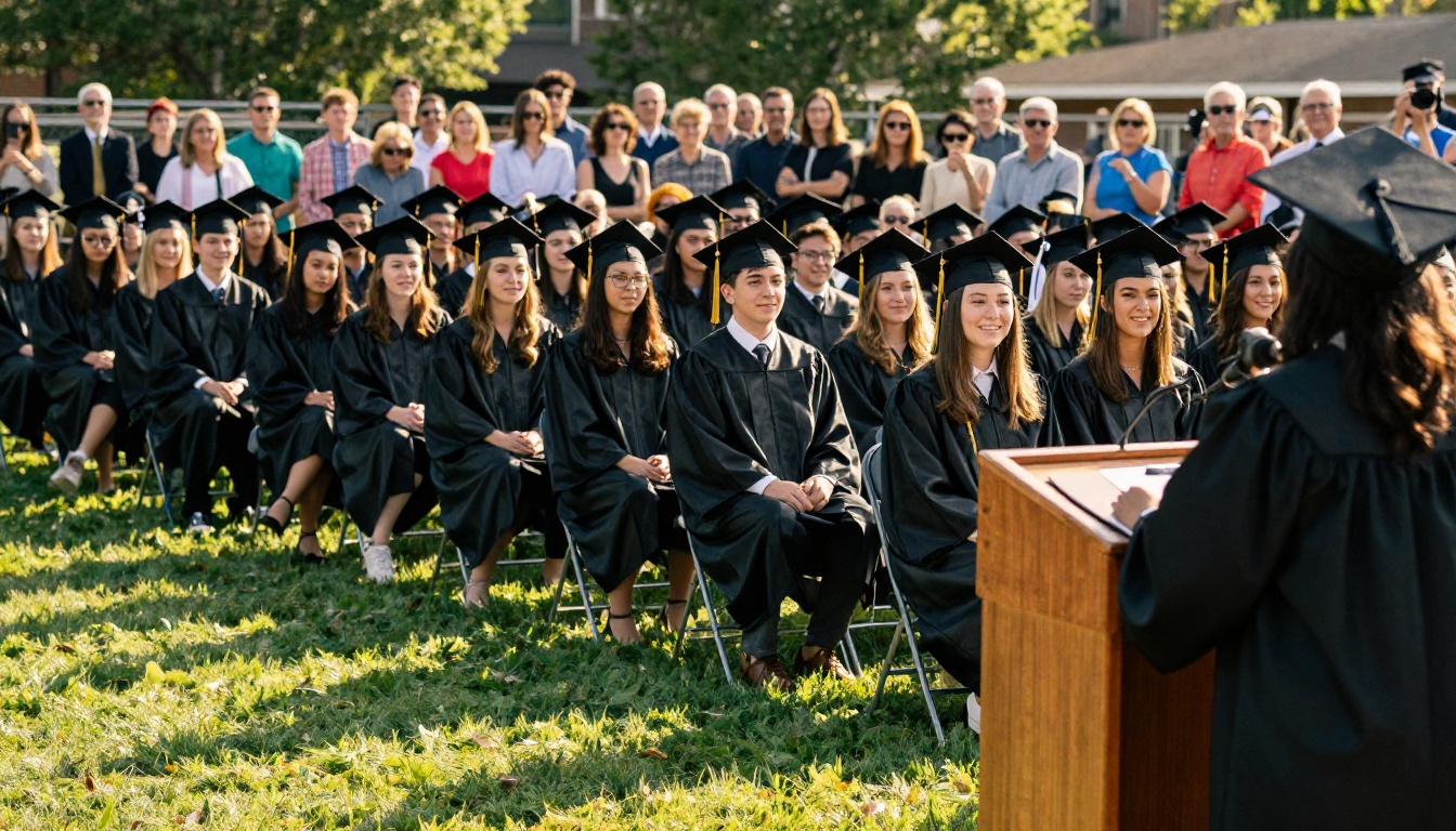 High school graduation ceremony with students in caps and gowns seated on a green sunny lawn High school graduation ceremony with students in caps and gowns seated on a green sunny lawn