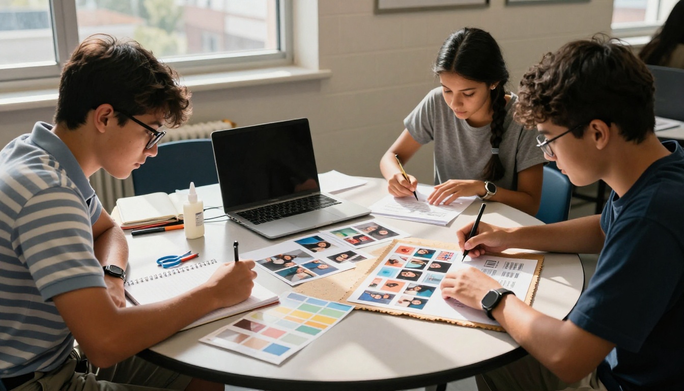 Students collaborating around a classroom table with yearbook photos and design layouts spread out Students collaborating around a classroom table with yearbook photos and design layouts spread out