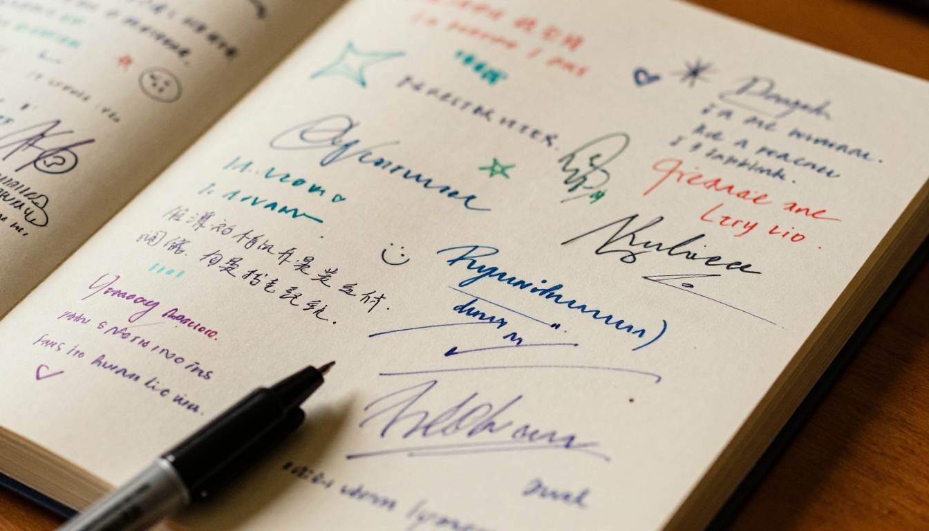 Close-up macro shot of a yearbook autograph page filled with colorful handwritten messages and personal notes Close-up macro shot of a yearbook autograph page filled with colorful handwritten messages and personal notes