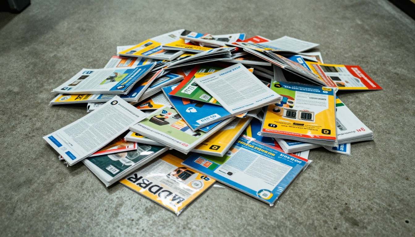 Recycling bin overflowing with unread glossy print catalogs on concrete floor