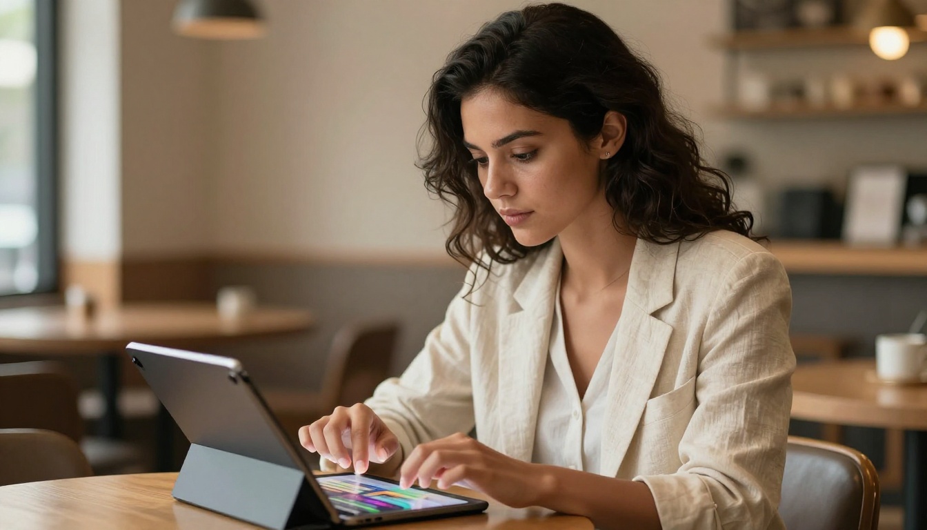 Woman with dark hair browsing a digital catalog on a tablet at a bright cafe