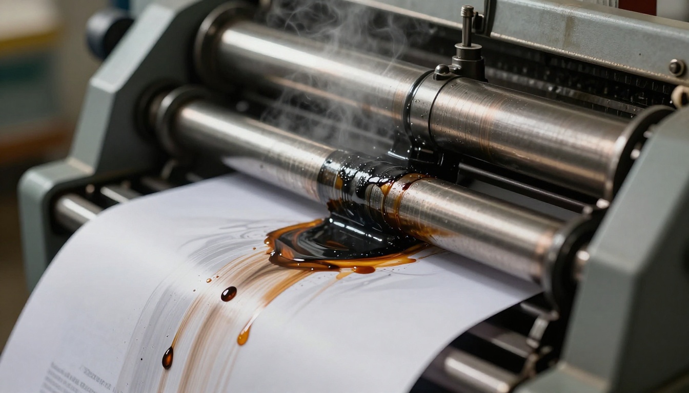 Industrial printing press with ink rollers pressing onto glossy catalog paper
