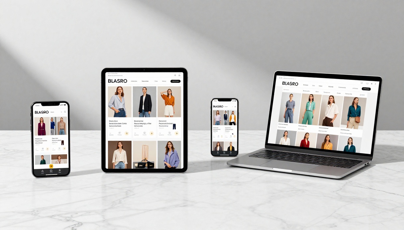 Product catalog displayed simultaneously across smartphone, tablet, and laptop on marble surface