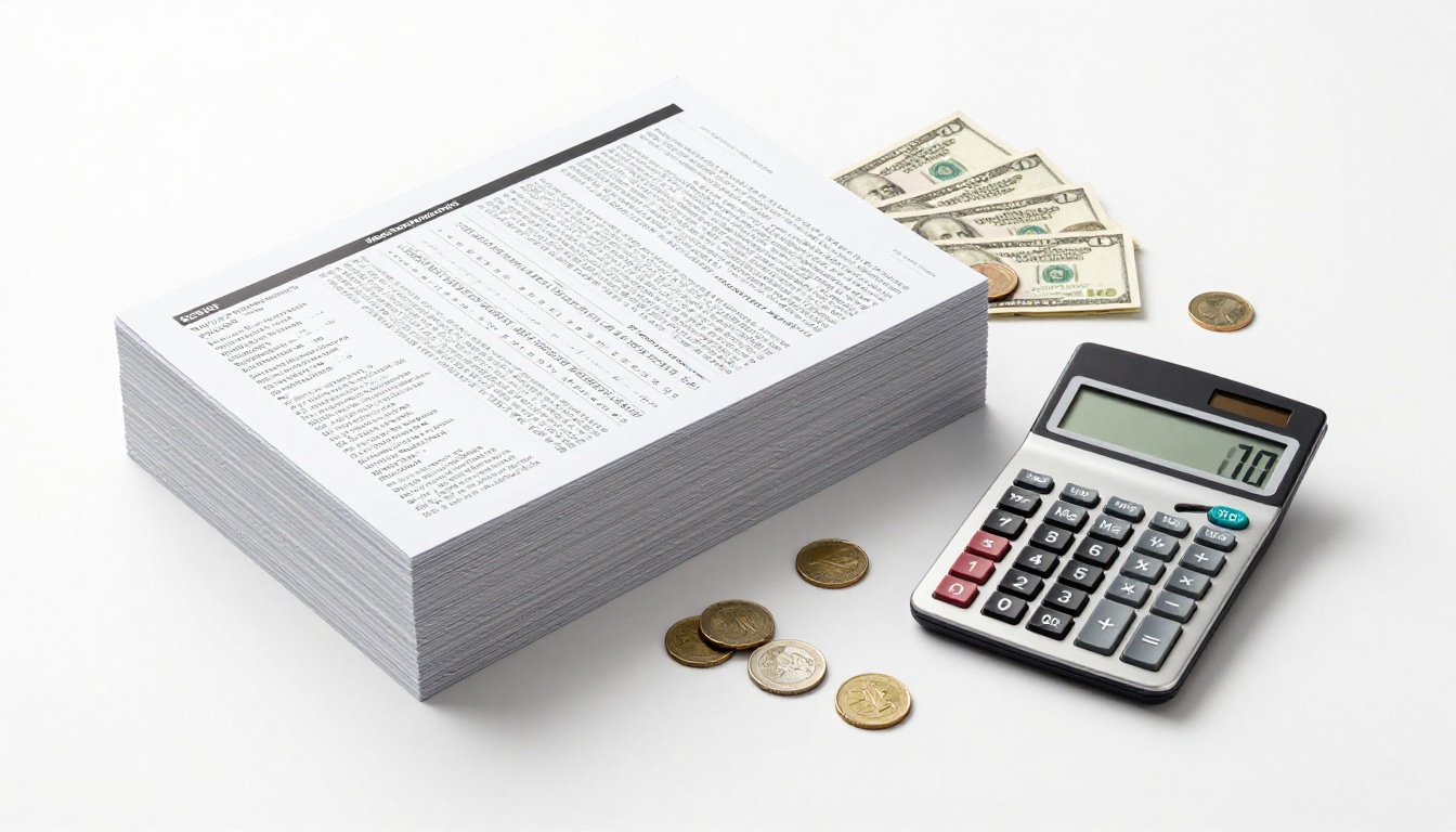 Flat lay of print catalogs next to a tablet with scattered coins illustrating printing costs