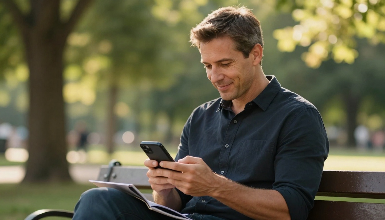 Man sitting on park bench in afternoon sun browsing a digital catalog on his smartphone