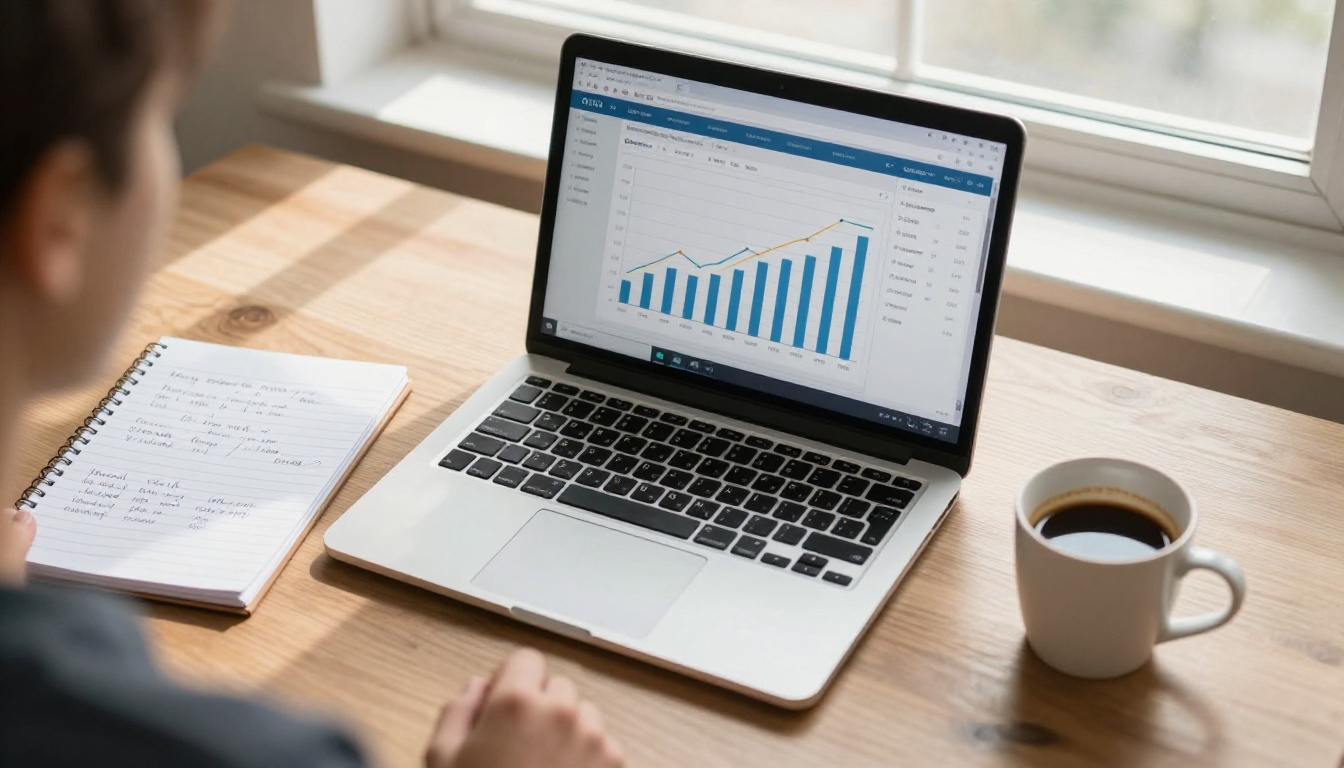 Overhead view of laptop showing analytics dashboard with catalog performance charts