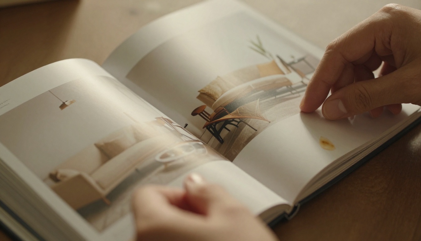 Close-up of hands turning glossy printed catalog pages showing wear and a coffee ring stain
