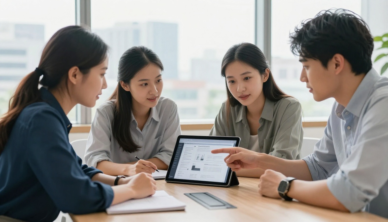 Three professionals gathered around a conference table reviewing a digital catalog on a shared tablet