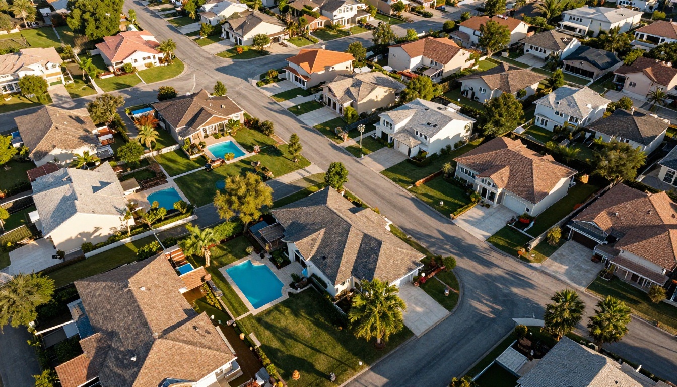 Aerial view of upscale suburban neighborhood with manicured homes and tree-lined streets
