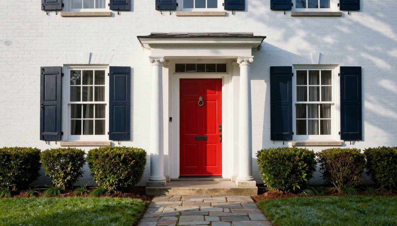 Luxury white colonial home facade with stone columns and red front door