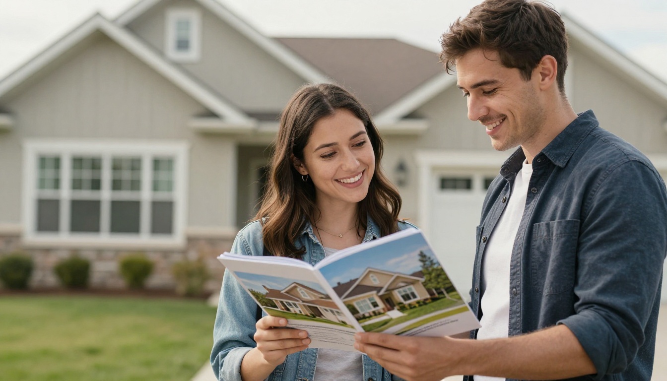 Real estate agent showing brochure to happy young couple outside a suburban home
