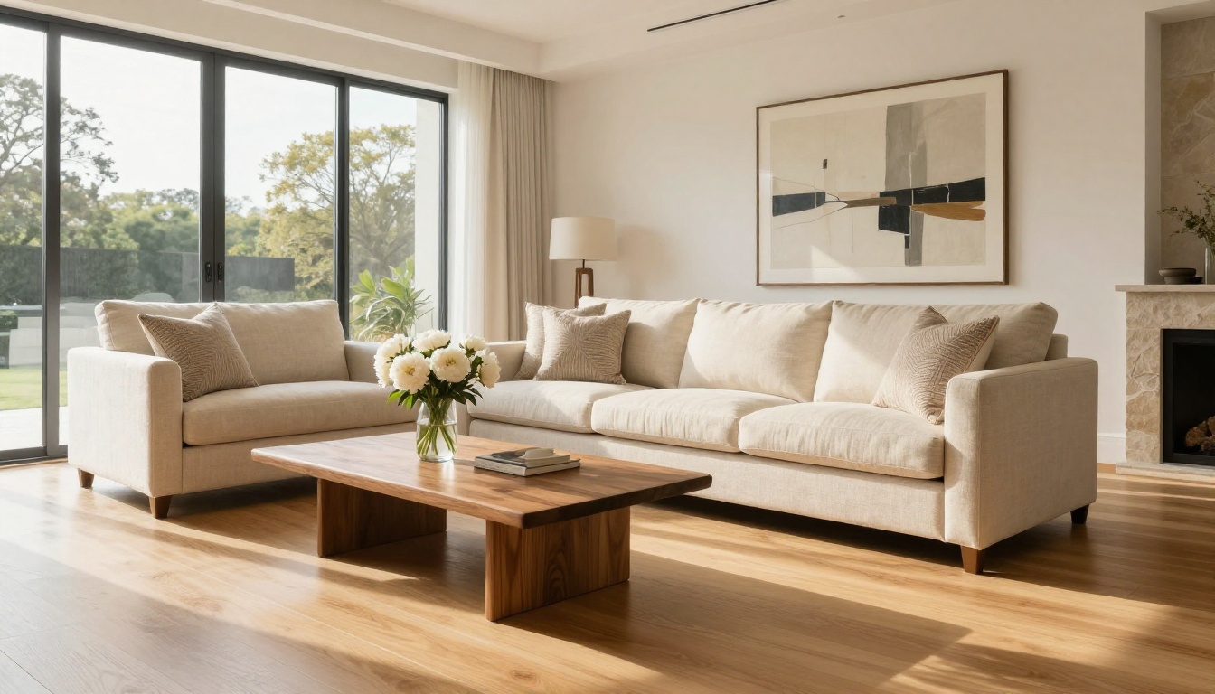 Staged luxury living room with large windows and warm hardwood floors