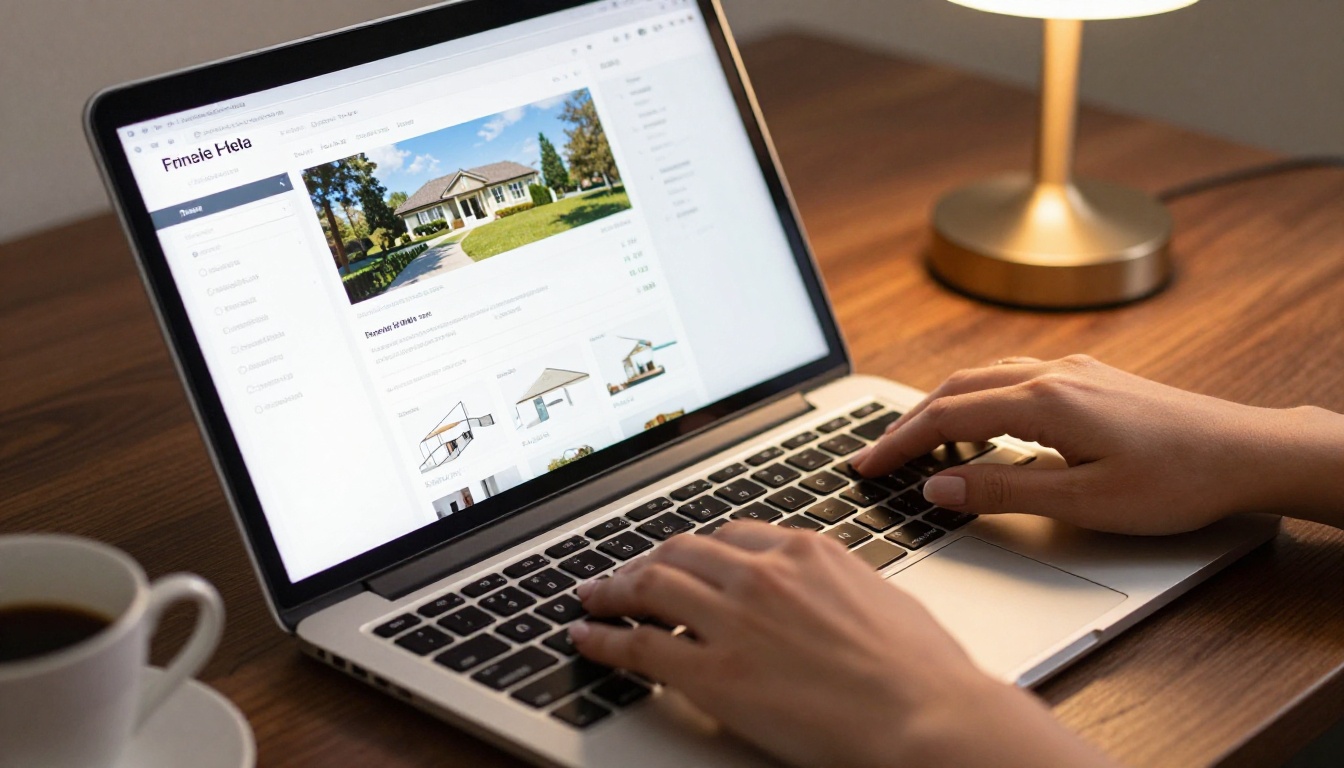 Hands typing on laptop creating a real estate brochure template