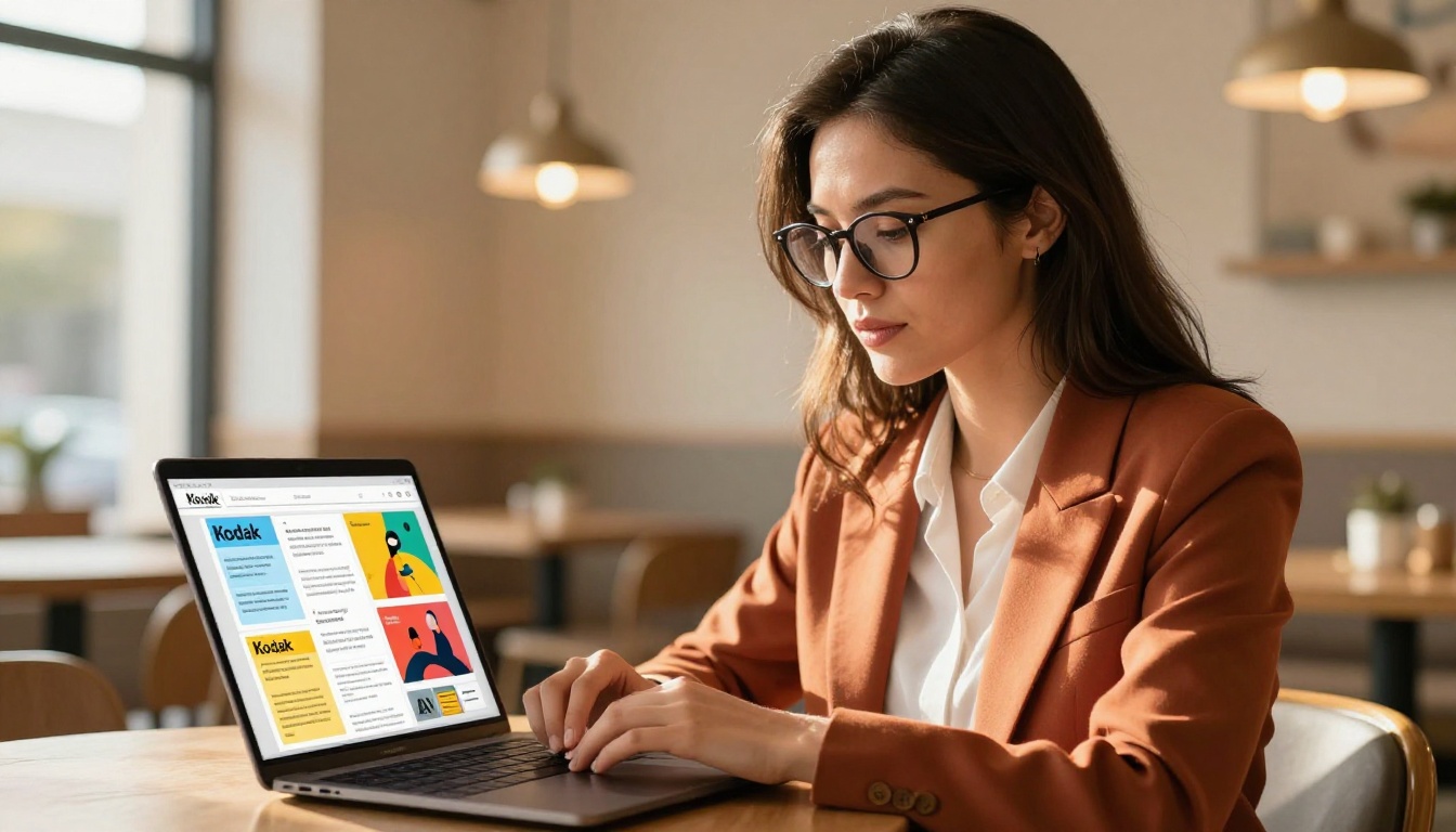 Woman reviewing interactive newsletter on MacBook at a bright cafe Woman reviewing interactive newsletter on MacBook at a bright cafe