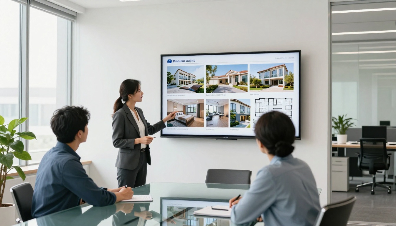 Real estate agent presenting property listing on large monitor to clients in office