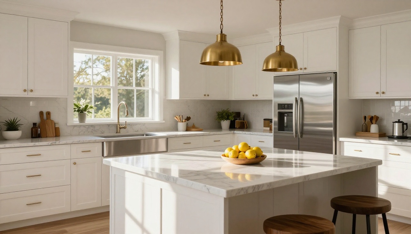 Luxury kitchen with white cabinetry, brass pendant lights, and quartz countertops staged for sale