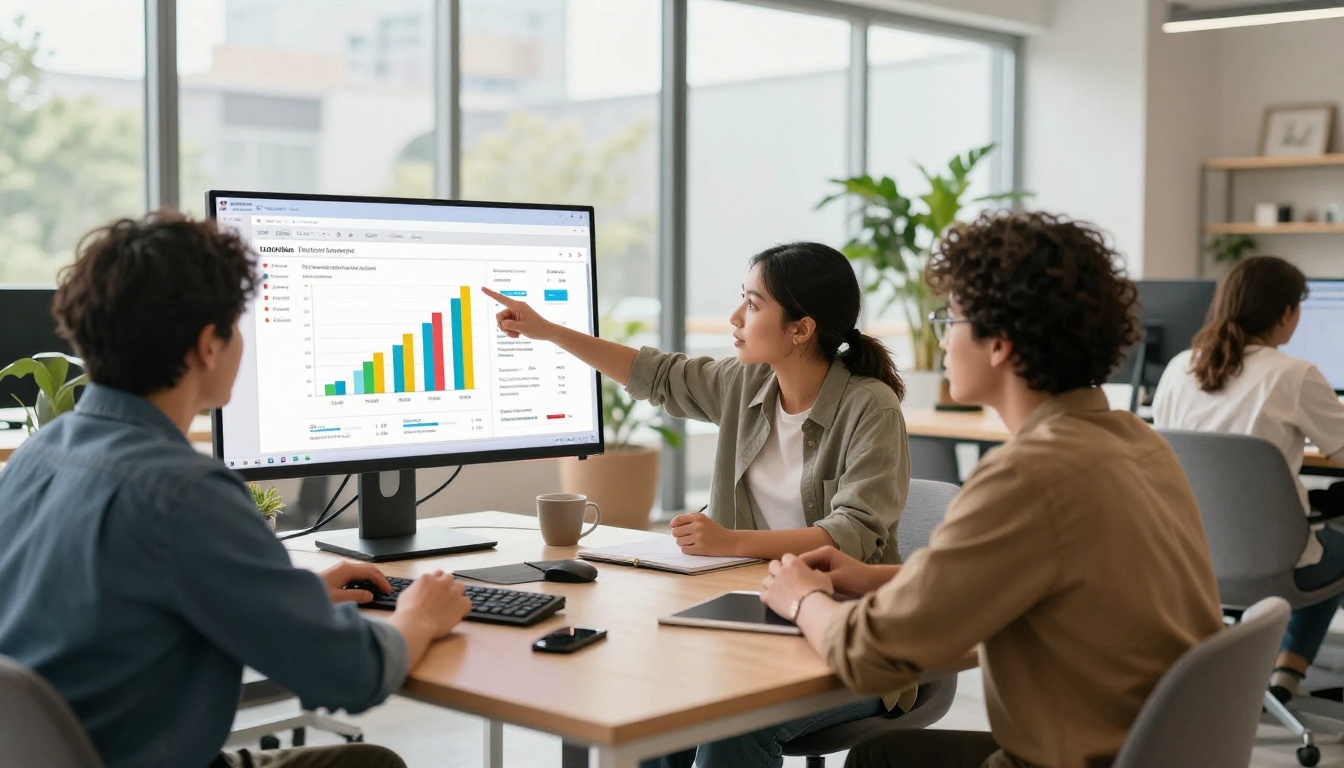 Small team gathered around monitor showing newsletter analytics in modern open office Small team gathered around monitor showing newsletter analytics in modern open office