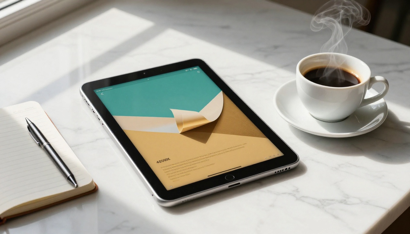 iPad Pro on marble surface showing digital flipbook newsletter with page-turning effect iPad Pro on marble surface showing digital flipbook newsletter with page-turning effect