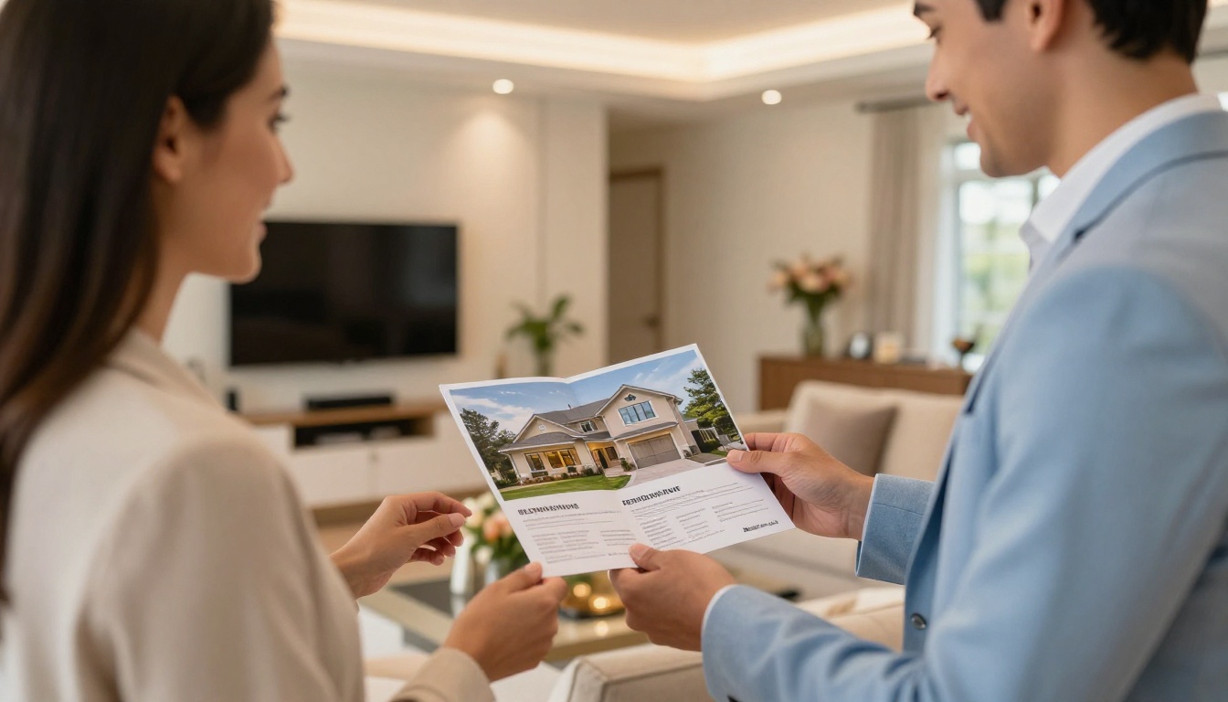 Real estate agent handing property brochure to couple at open house