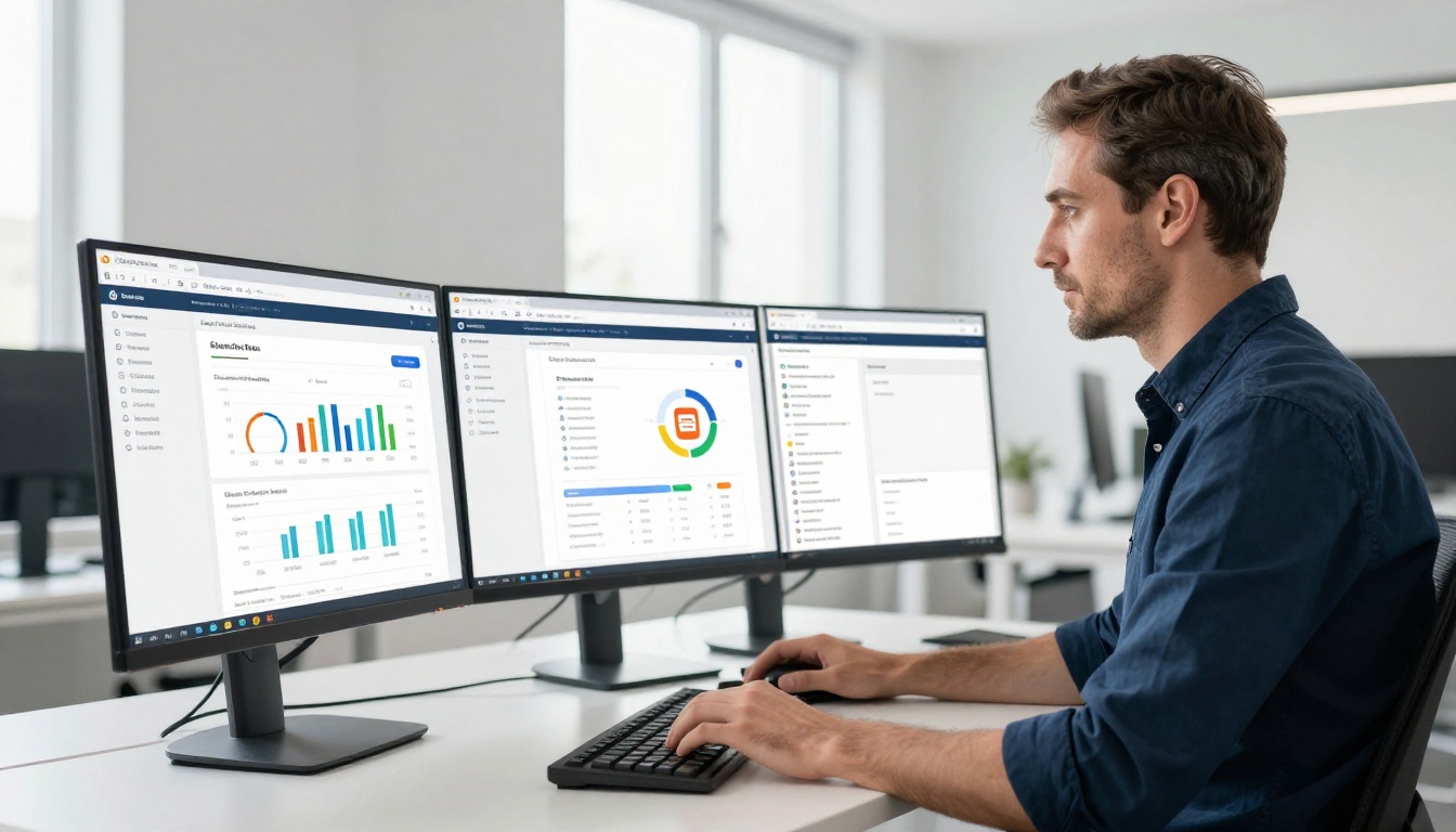 Man at standing desk with dual monitors showing email campaign metrics and newsletter design Man at standing desk with dual monitors showing email campaign metrics and newsletter design