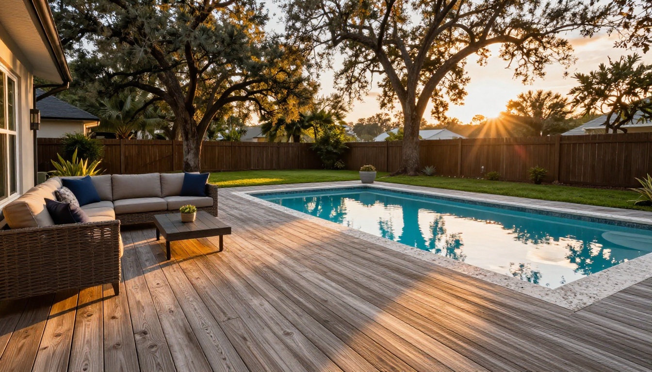 Stunning backyard pool and cedar deck of an upscale home for sale at golden hour