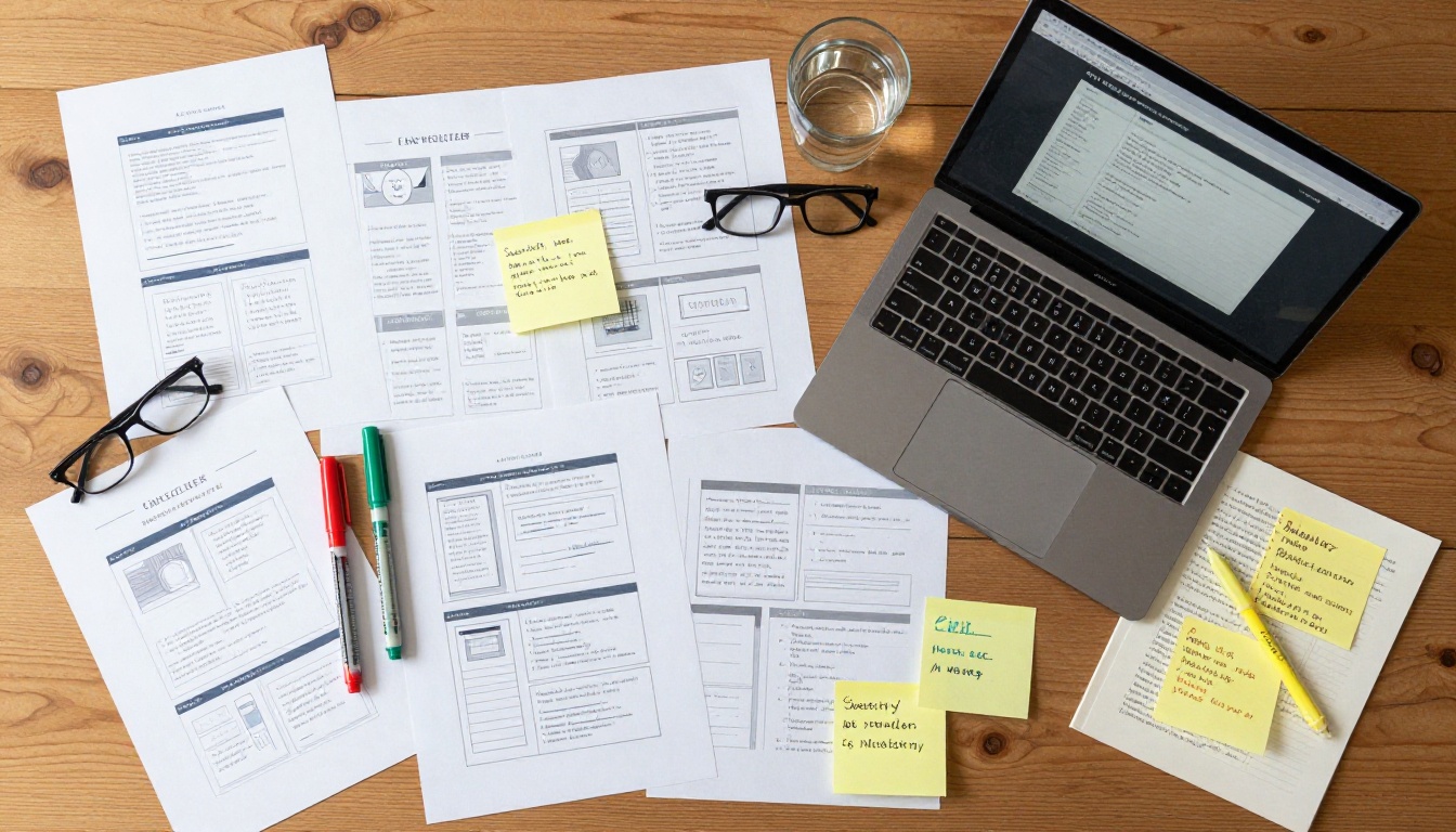 Overhead flat lay of email newsletter wireframe planning documents and content strategy notes Overhead flat lay of email newsletter wireframe planning documents and content strategy notes