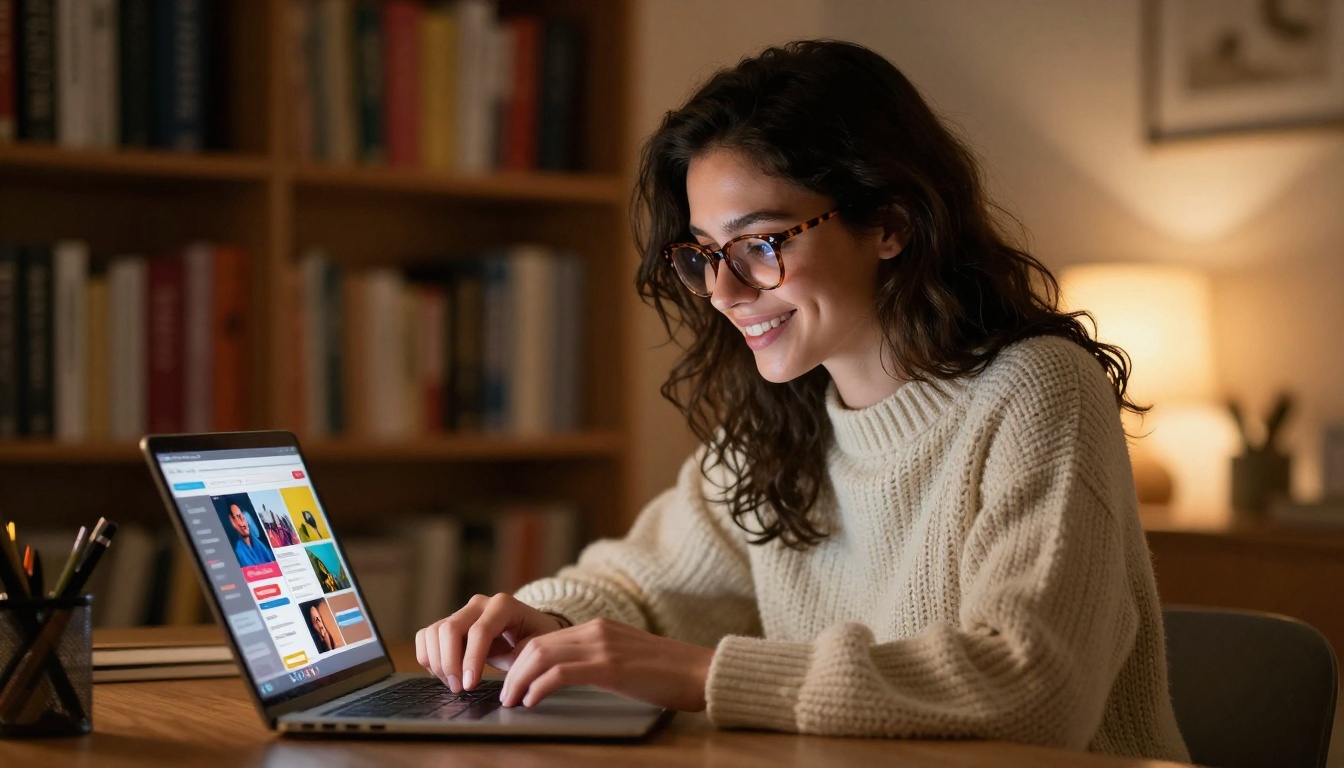 Young woman at cozy home desk smiling while reading interactive newsletter on laptop in the evening Young woman at cozy home desk smiling while reading interactive newsletter on laptop in the evening