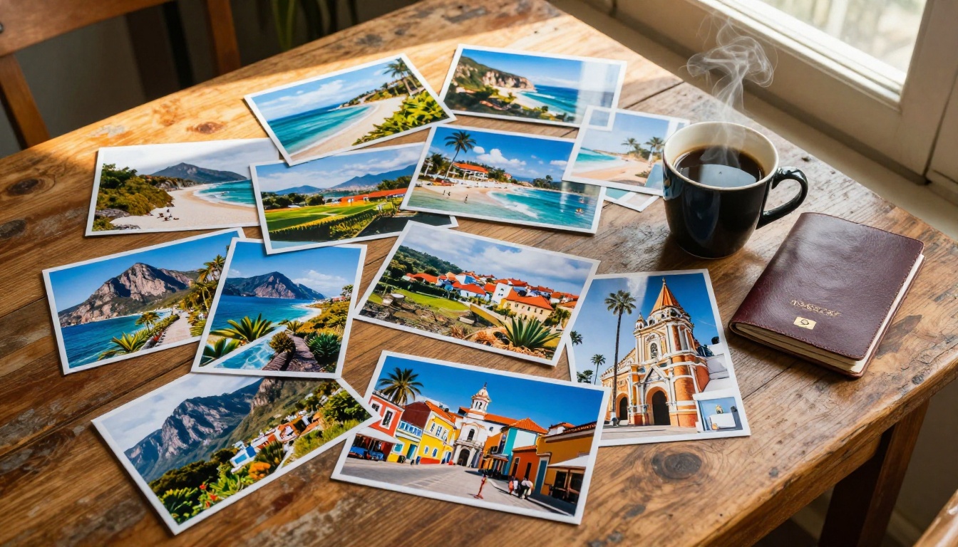 Travel photos spread out on a wooden farmhouse table with coffee