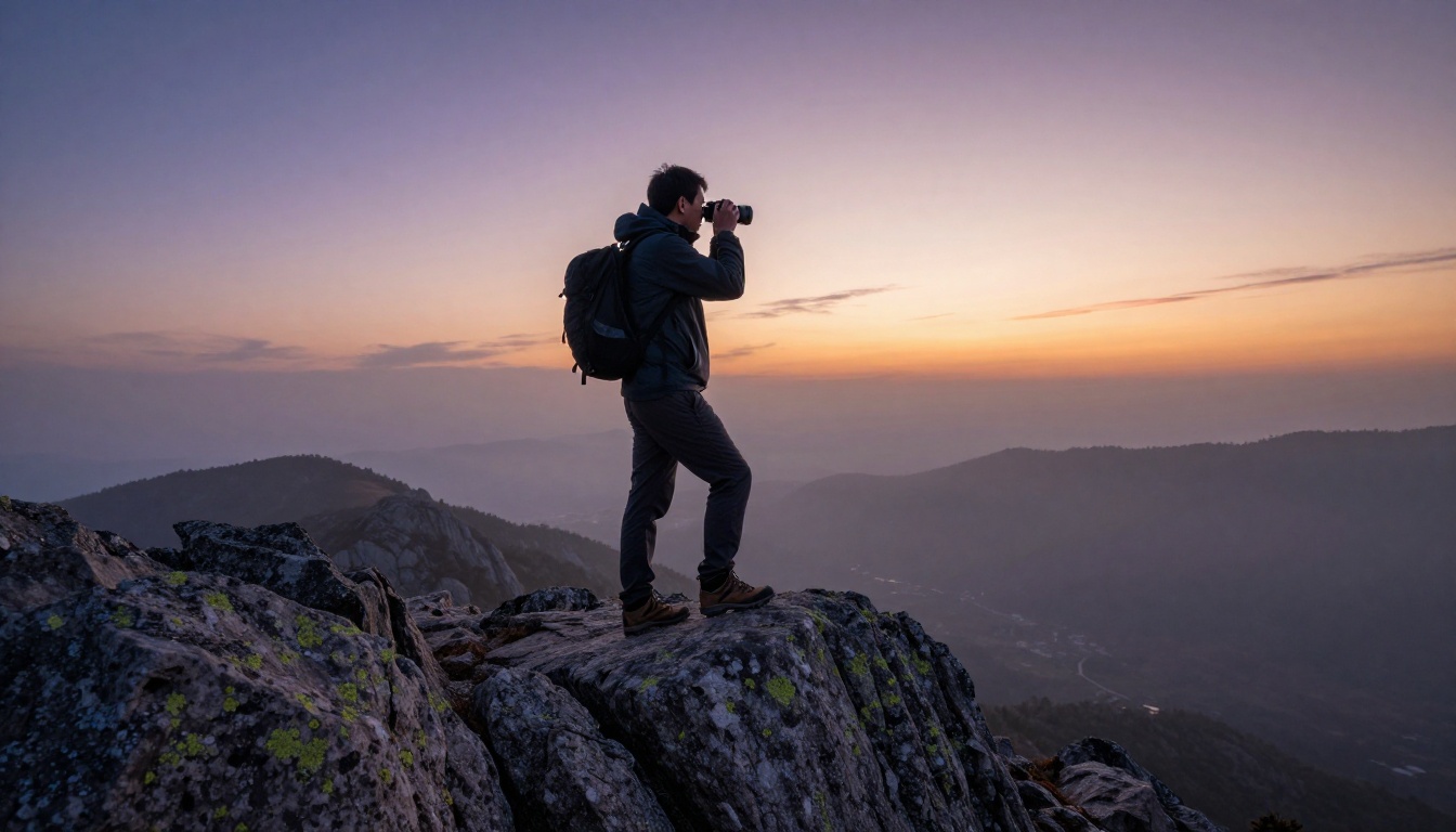 Hiker standing on rocky mountain ridge at sunrise with camera raised