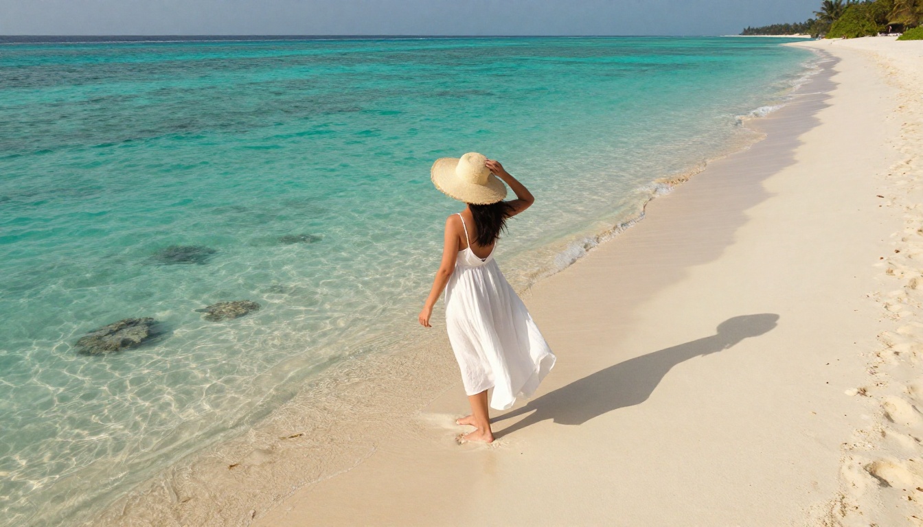 Woman in white sundress on a pristine tropical beach at golden hour