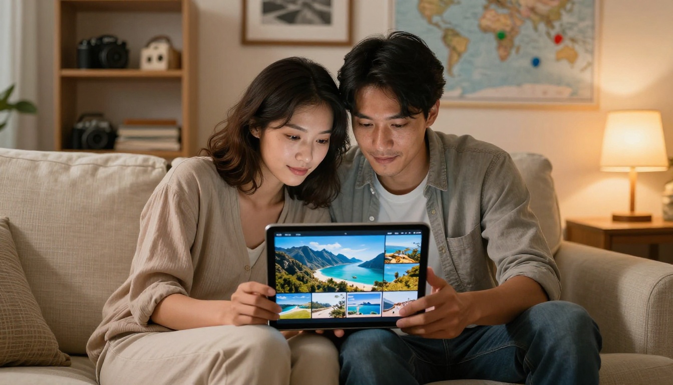Couple looking at travel photos together on a tablet at home in the evening